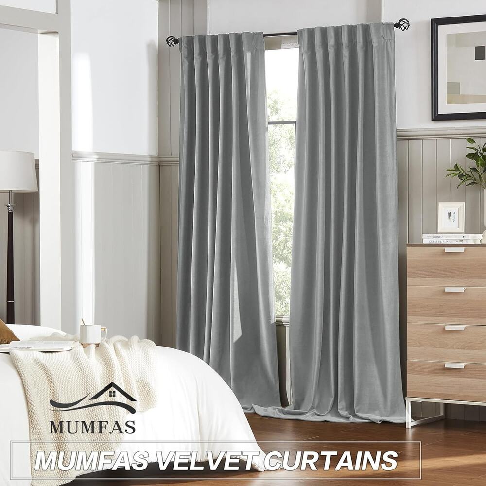 Blackout Velvet Curtains Gray 84in 2 Panels Noise-Reducing Thermal Insulated - Picture 2 of 5
